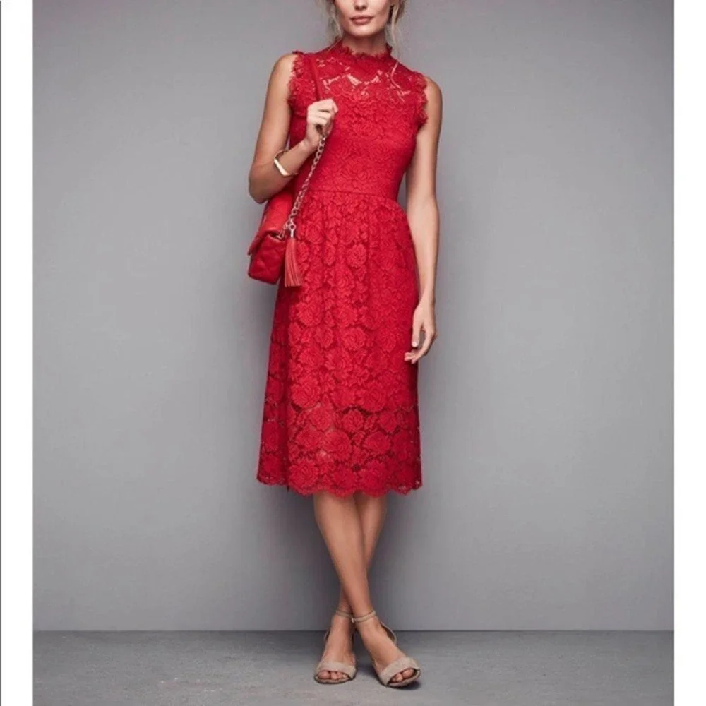 Kate Spade Poppy Red Floral‎ Lace Mock Neck Sleeveless Midi Dress Size 0